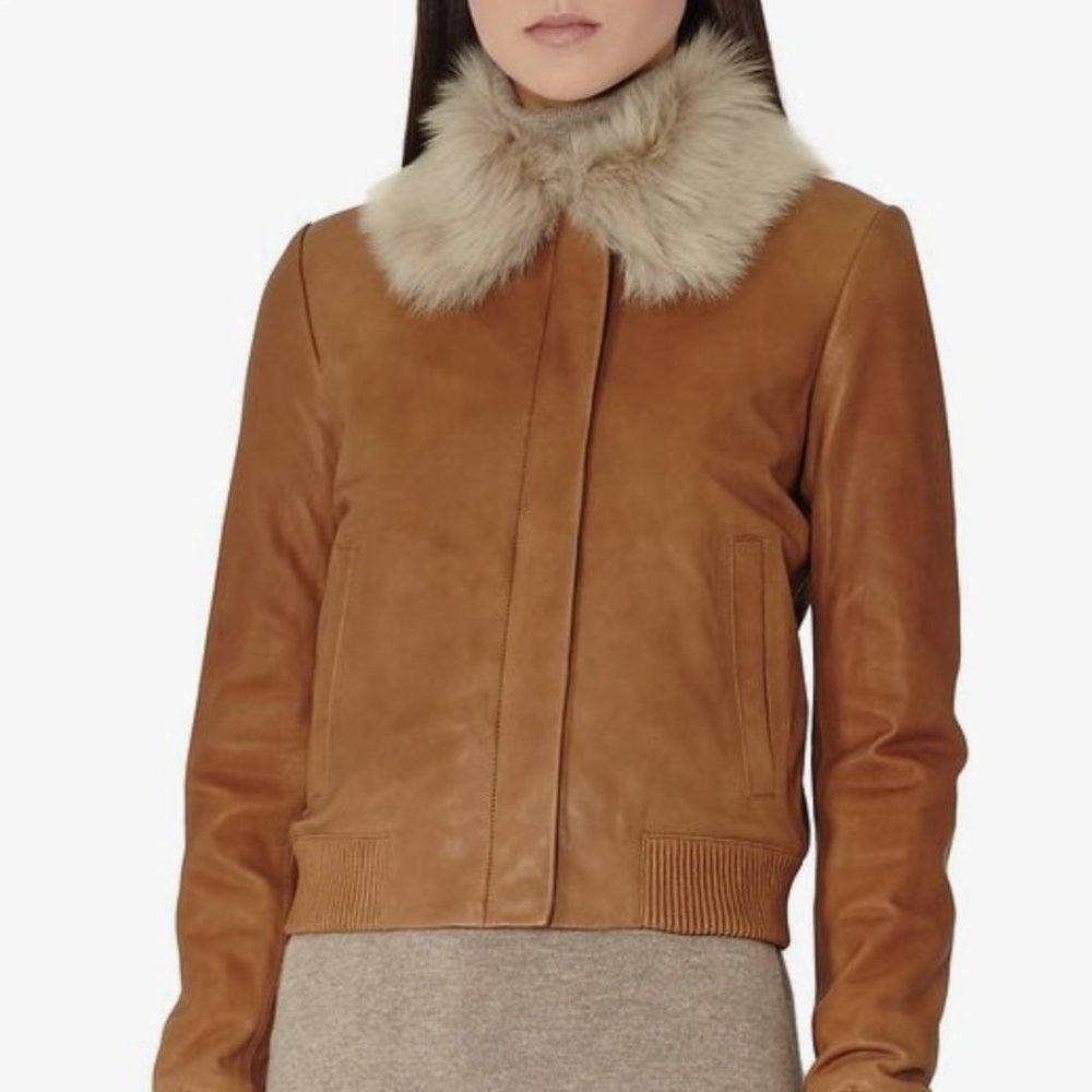 Reiss Mabel Fur Collar Leather Bomber